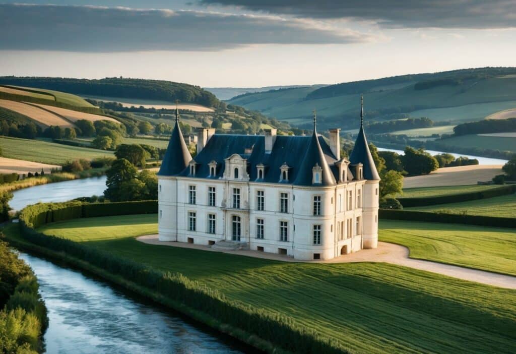 Um grande chateau aninhado na zona rural francesa, cercado por colinas ondulantes e um rio sinuoso