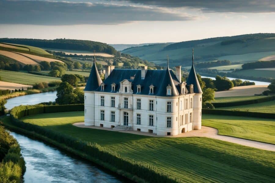 Um grande chateau aninhado na zona rural francesa, cercado por colinas ondulantes e um rio sinuoso