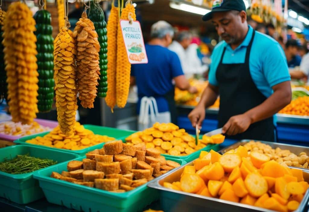 Um mercado colorido com mortadela de frango pendurada e um vendedor cortando amostras para os clientes experimentarem.