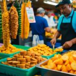 Um mercado colorido com mortadela de frango pendurada e um vendedor cortando amostras para os clientes experimentarem.