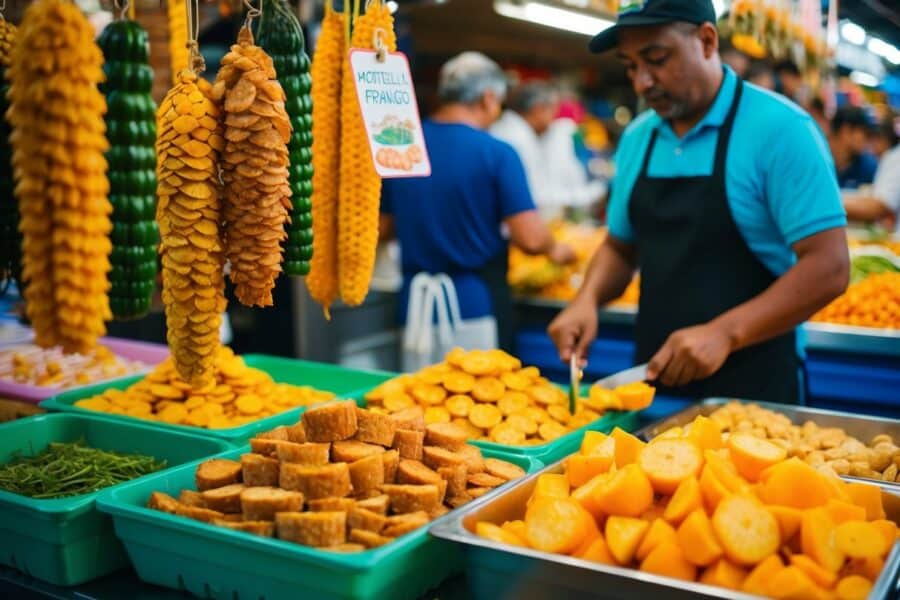 Um mercado colorido com mortadela de frango pendurada e um vendedor cortando amostras para os clientes experimentarem.