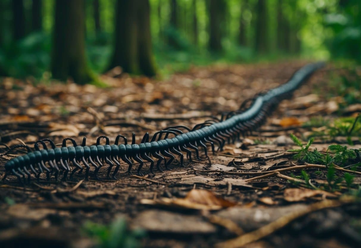 Uma longa linha de criaturas interconectadas semelhantes a insetos rasteja pelo chão da floresta, lembrando um milípede, mas com uma forma humana.