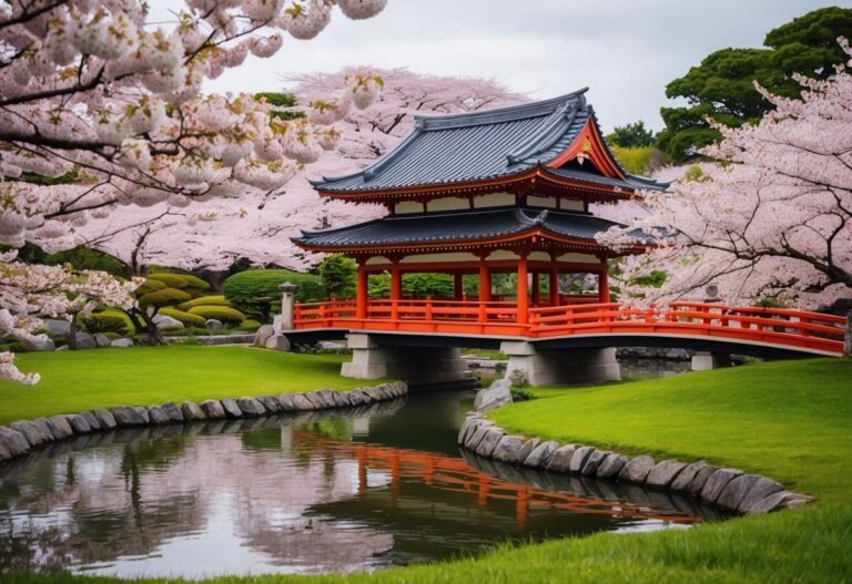 Um jardim japonês tradicional com um lago sereno e uma ponte vermelha, cercado por árvores de cerejeira em plena floração.