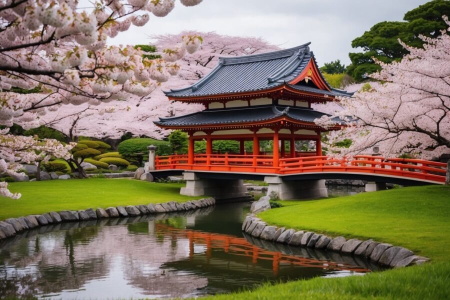 Um jardim japonês tradicional com um lago sereno e uma ponte vermelha, cercado por árvores de cerejeira em plena floração.
