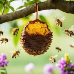 Uma colmeia antiga pendurada em uma árvore, cercada por abelhas zumbindo e flores florescendo