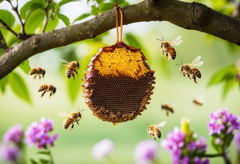 Uma colmeia antiga pendurada em uma árvore, cercada por abelhas zumbindo e flores florescendo