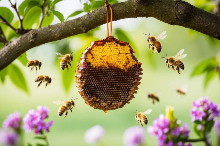 Uma colmeia antiga pendurada em uma árvore, cercada por abelhas zumbindo e flores florescendo