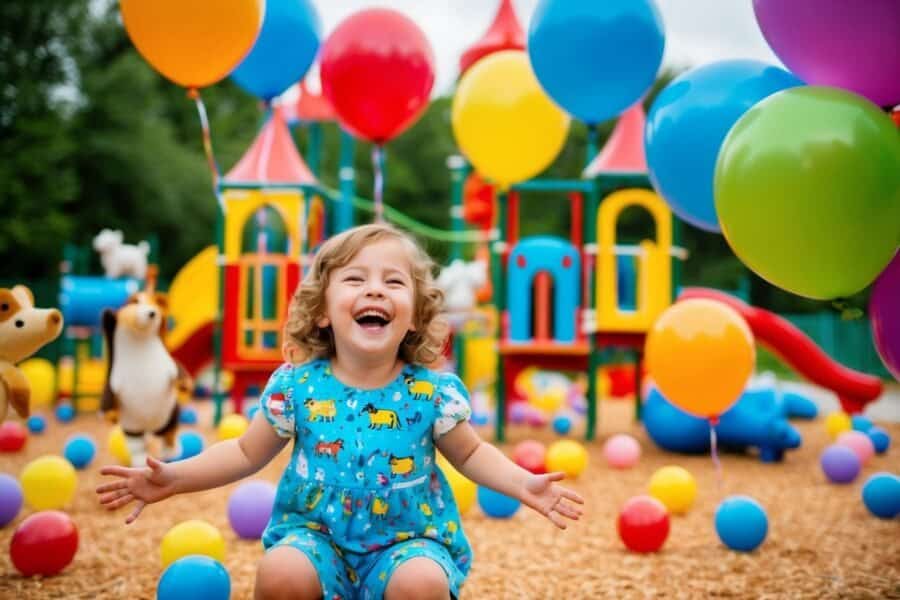 Dia das Crianças 2025: Um playground colorido cheio de risadas e alegria, cercado por balões vibrantes e animais brincalhões