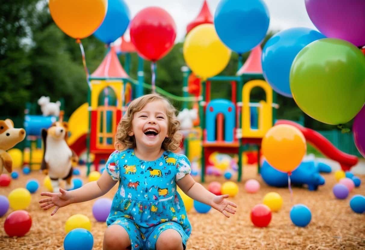 Dia das Crianças 2025: Um playground colorido cheio de risadas e alegria, cercado por balões vibrantes e animais brincalhões