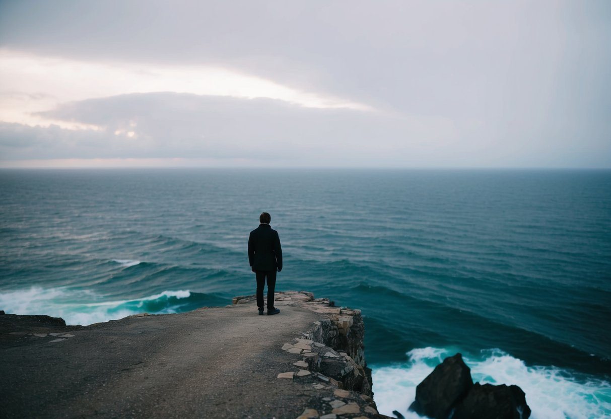 Uma figura solitária está em um penhasco com vista para um vasto oceano gelado, com ondas quebrando contra as rochas abaixo, evocando uma sensação constante de borboletas no estômago.