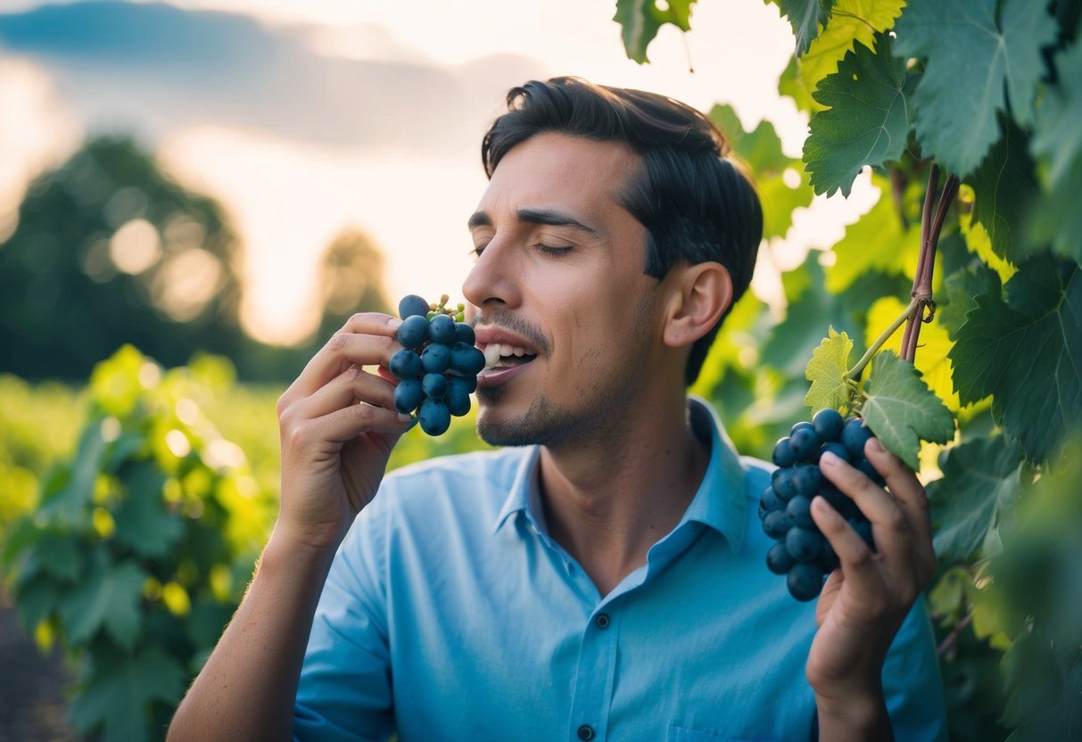 Uma pessoa com gastrite comendo uvas e se sentindo bem