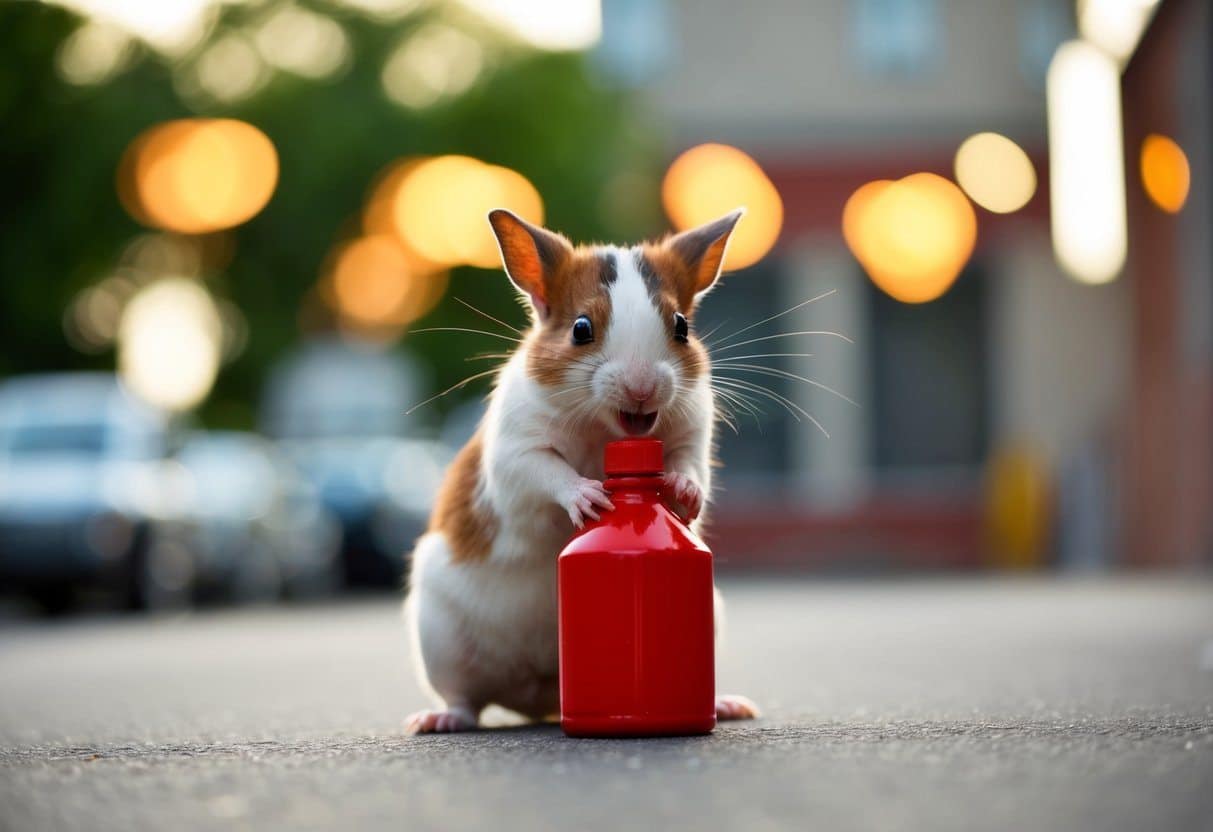 Um pequeno animal acidentalmente bebe gasolina e reage com angústia.