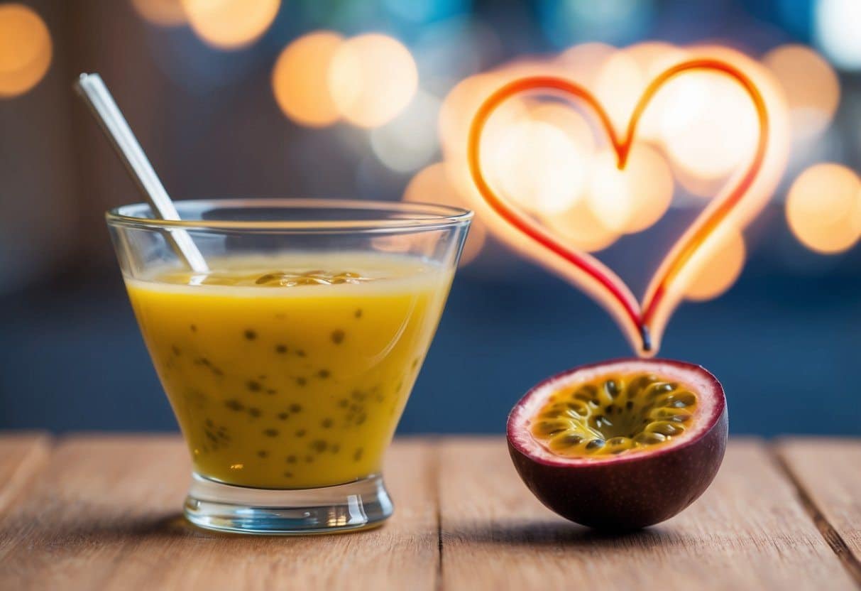 Um copo de suco de maracujá ao lado de um coração pulsante