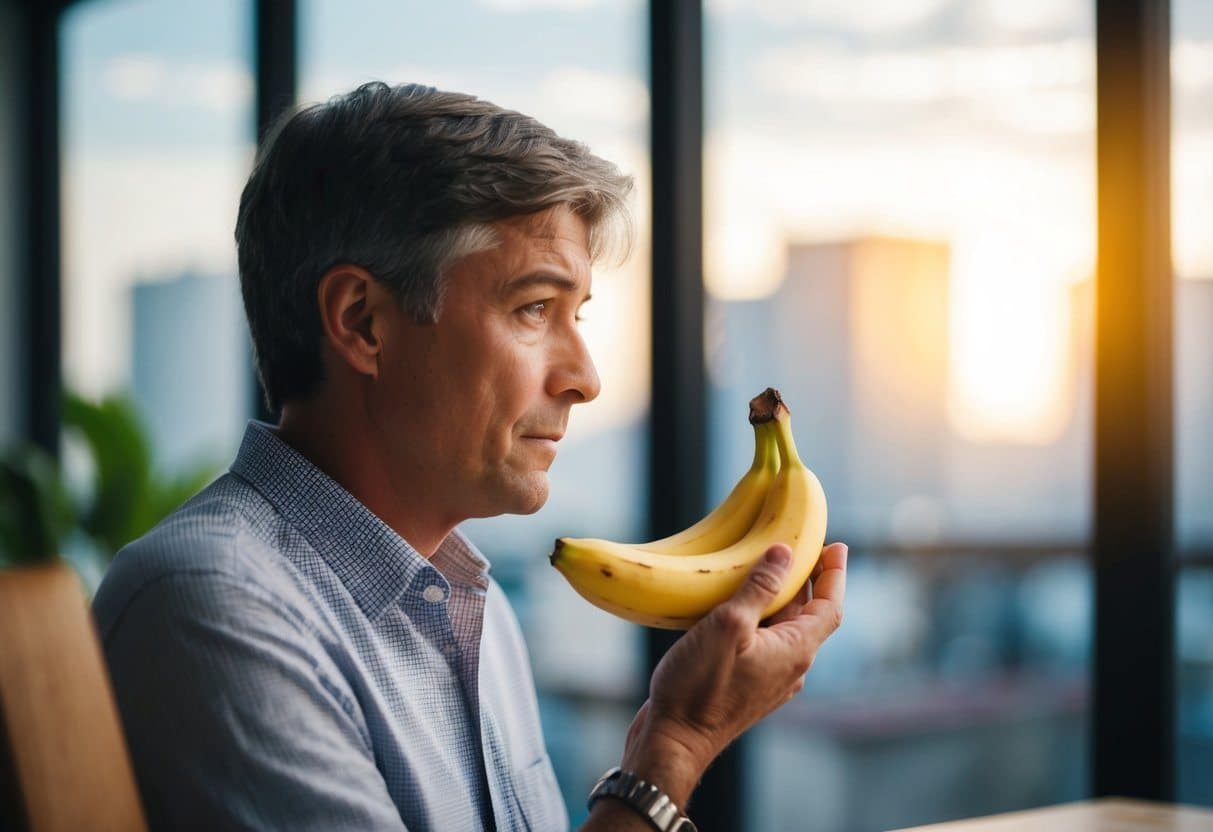 Uma pessoa com fígado gordo olha para uma banana com uma expressão preocupada