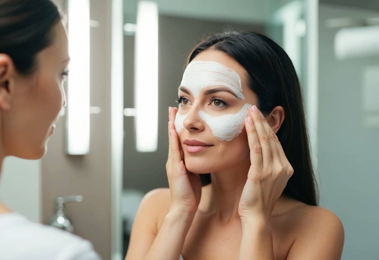 Uma mulher aplicando um remédio caseiro para melasma no rosto enquanto está em um banheiro bem iluminado.