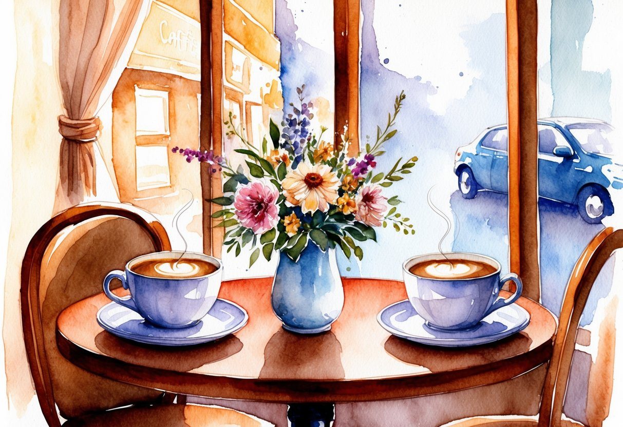 Um café aconchegante com duas xícaras de café, um buquê de flores e um sorriso tímido