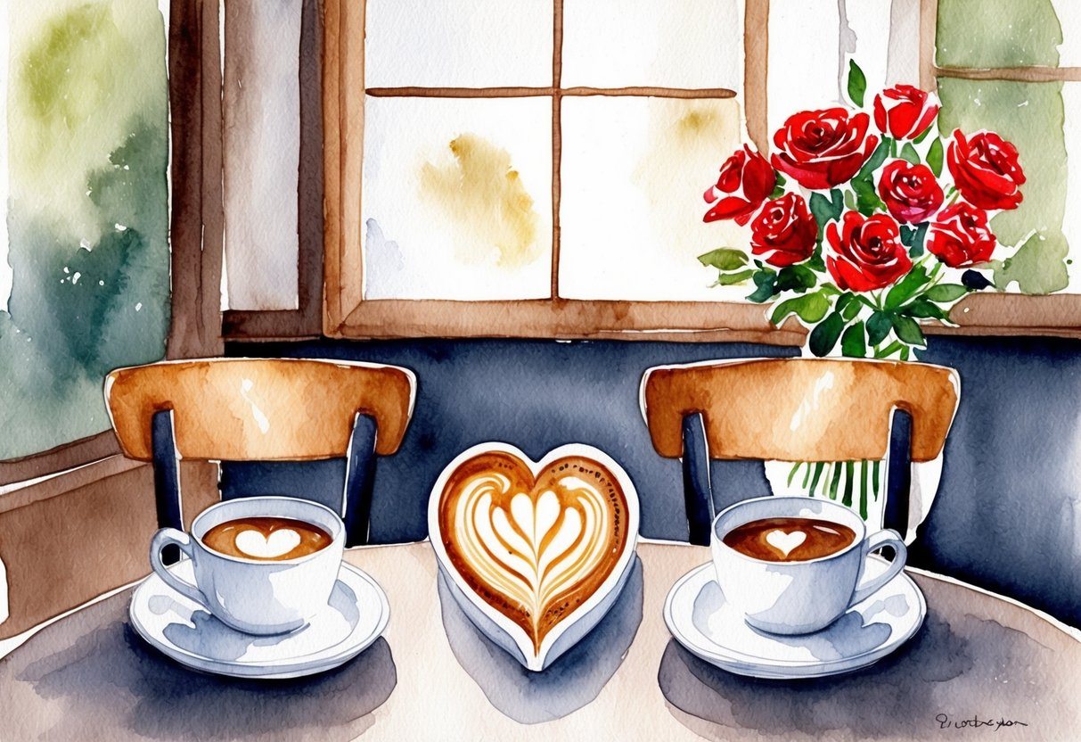 Um café aconchegante com duas cadeiras vazias se encarando, uma arte em latte em forma de coração na mesa e um buquê de rosas vermelhas em um vaso.