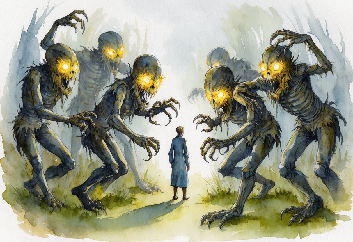 Uma figura solitária cercada por criaturas em decomposição, seus olhos brilhando de fome enquanto se aproximam da figura.