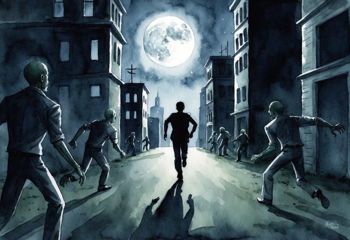 Uma figura solitária corre por uma cidade escura e abandonada, com figuras de zumbis ameaçadoras em perseguição. A lua lança um brilho sinistro sobre a cena.