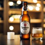 Uma garrafa de cerveja Spaten com um cubo de açúcar ao lado.