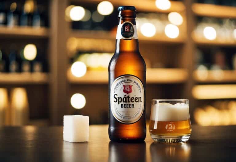 Uma garrafa de cerveja Spaten com um cubo de açúcar ao lado.