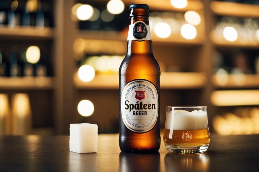 Uma garrafa de cerveja Spaten com um cubo de açúcar ao lado.