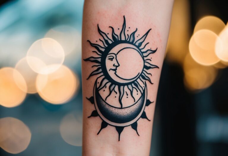 Uma tatuagem de sol e lua com raios e crescentes entrelaçados, simbolizando equilíbrio e harmonia