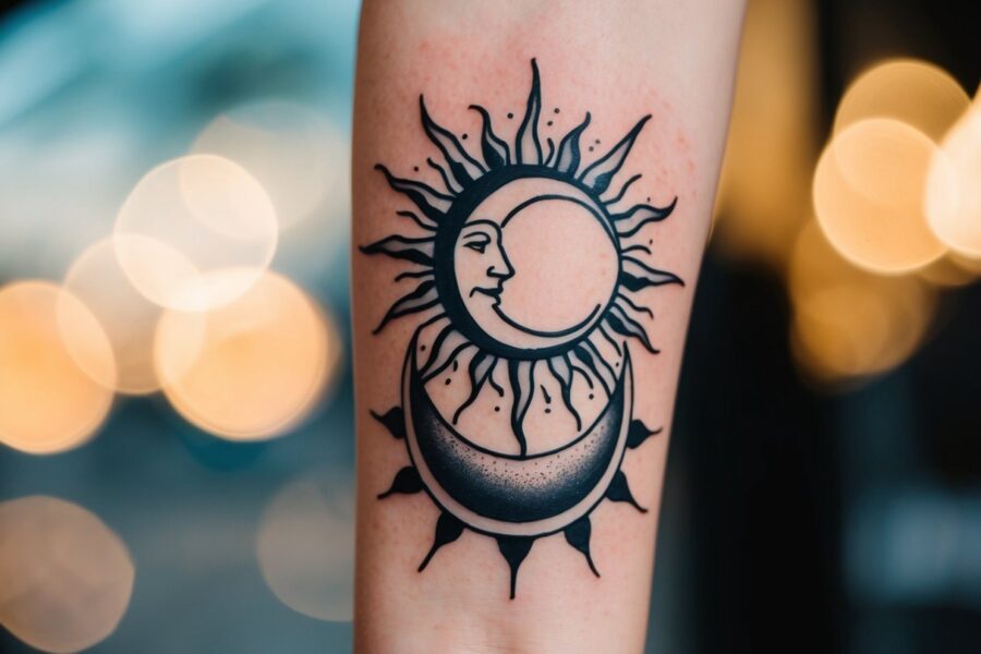 Uma tatuagem de sol e lua com raios e crescentes entrelaçados, simbolizando equilíbrio e harmonia