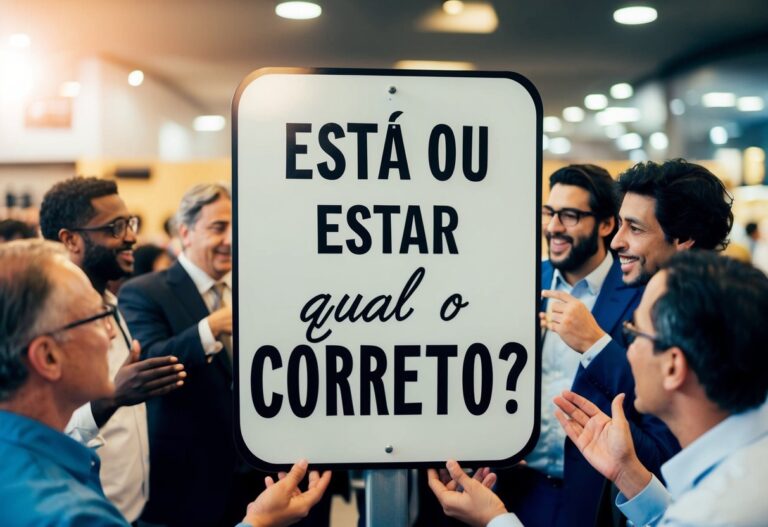 Uma placa com "está ou estar qual o correto?" escrita nela, cercada por um grupo de pessoas envolvidas em um debate animado.