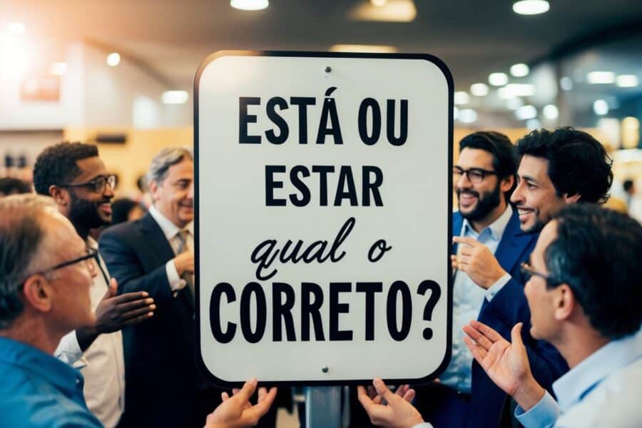 Uma placa com "está ou estar qual o correto?" escrita nela, cercada por um grupo de pessoas envolvidas em um debate animado.