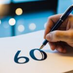 Uma pessoa usando uma caneta para escrever o número "60" em um pedaço de papel