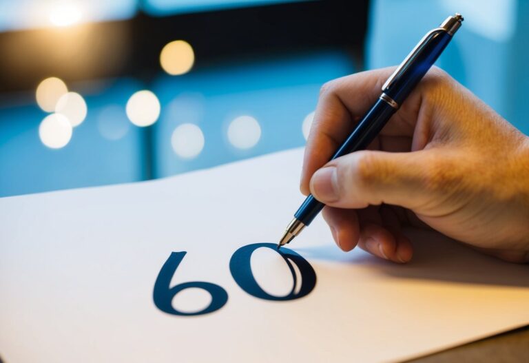Uma pessoa usando uma caneta para escrever o número "60" em um pedaço de papel