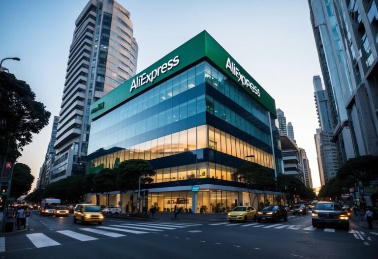 A sede da Aliexpress Brasil, um moderno edifício de escritórios com o logotipo da empresa exibido de forma proeminente, cercado por ruas movimentadas da cidade.