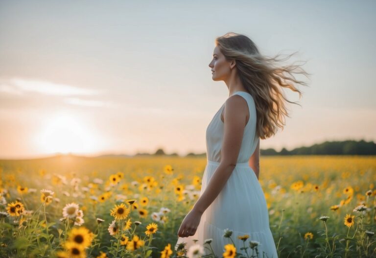 Uma mulher em pé em um campo de flores silvestres, a luz do sol iluminando seus cabelos soltos enquanto ela contempla o horizonte.