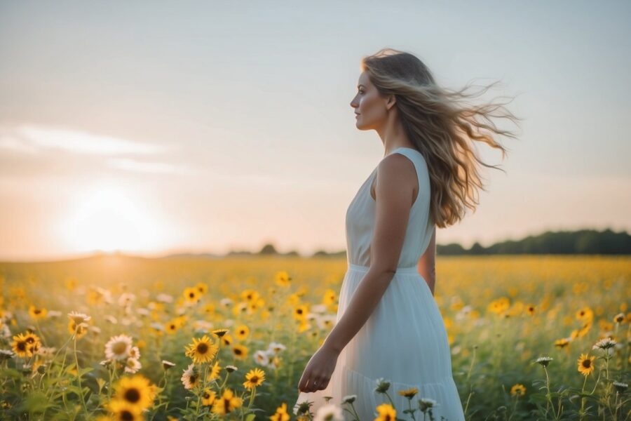 Uma mulher em pé em um campo de flores silvestres, a luz do sol iluminando seus cabelos soltos enquanto ela contempla o horizonte.