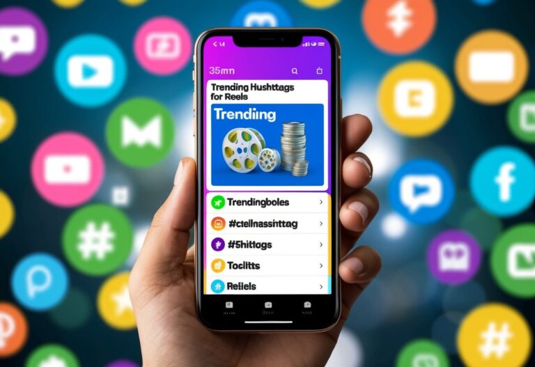 Um smartphone exibindo uma variedade de hashtags em alta para reels, cercado por ícones e símbolos coloridos.