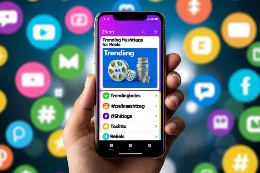 Um smartphone exibindo uma variedade de hashtags em alta para reels, cercado por ícones e símbolos coloridos.
