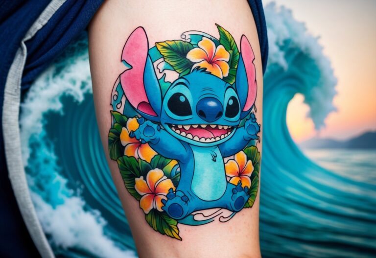 Uma tatuagem colorida do Stitch, o personagem alienígena de Lilo & Stitch, cercado por flores tropicais e ondas.