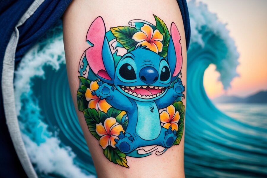 Uma tatuagem colorida do Stitch, o personagem alienígena de Lilo & Stitch, cercado por flores tropicais e ondas.