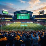 Um estádio lotado com torcedores animados e um grande telão exibindo estatísticas e odds esportivas. Ao redor do estádio, há vários negócios e painéis publicitários promovendo apostas esportivas.