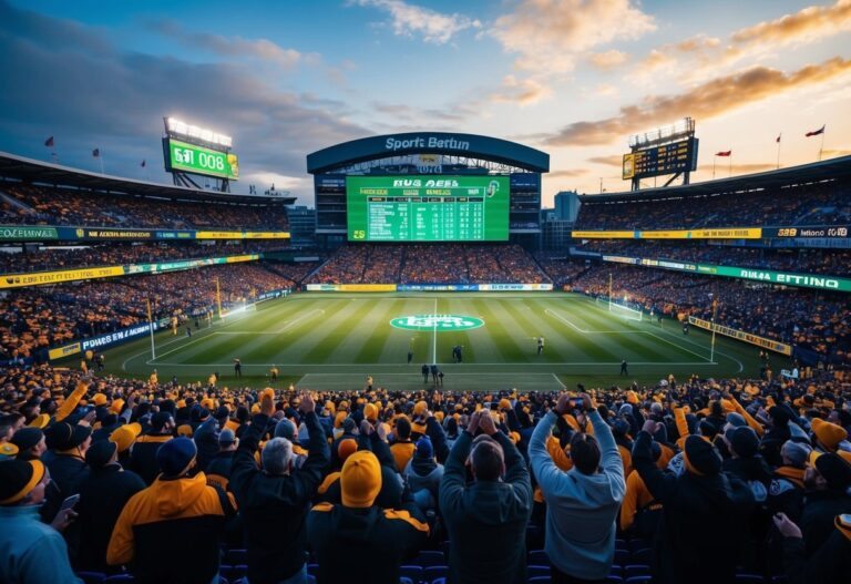 Um estádio lotado com torcedores animados e um grande telão exibindo estatísticas e odds esportivas. Ao redor do estádio, há vários negócios e painéis publicitários promovendo apostas esportivas.
