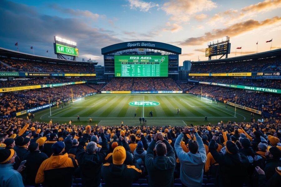 Um estádio lotado com torcedores animados e um grande telão exibindo estatísticas e odds esportivas. Ao redor do estádio, há vários negócios e painéis publicitários promovendo apostas esportivas.