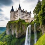 Um castelo grandioso empoleirado alto em um penhasco, cercado por uma vegetação exuberante e cachoeiras em cascata