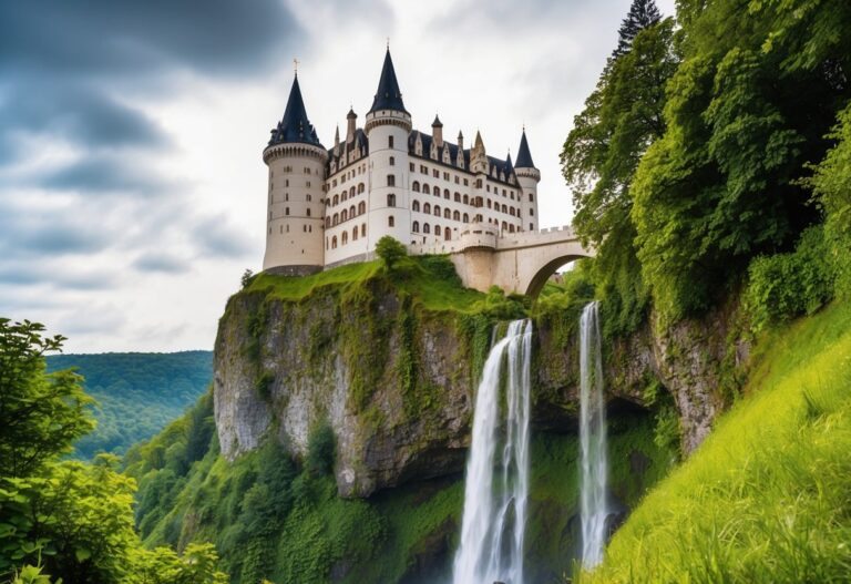Um castelo grandioso empoleirado alto em um penhasco, cercado por uma vegetação exuberante e cachoeiras em cascata