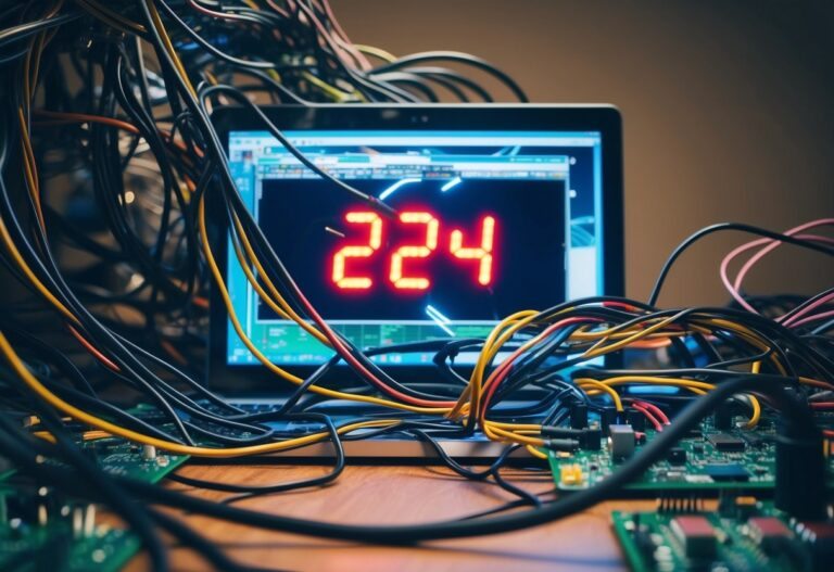 Uma teia emaranhada de fios eletrônicos e placas de circuito, com um código de erro vermelho piscando 224 exibido na tela de um computador