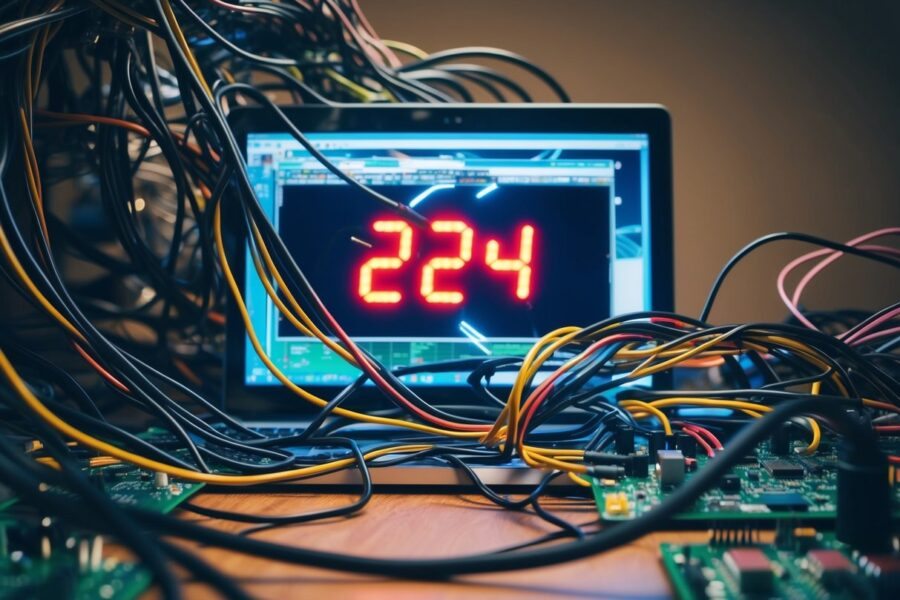 Uma teia emaranhada de fios eletrônicos e placas de circuito, com um código de erro vermelho piscando 224 exibido na tela de um computador