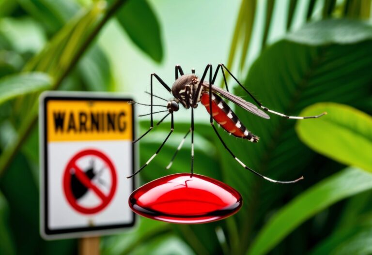 Um mosquito paira sobre uma gota vermelha, cercada por folhagem tropical e um sinal de aviso.