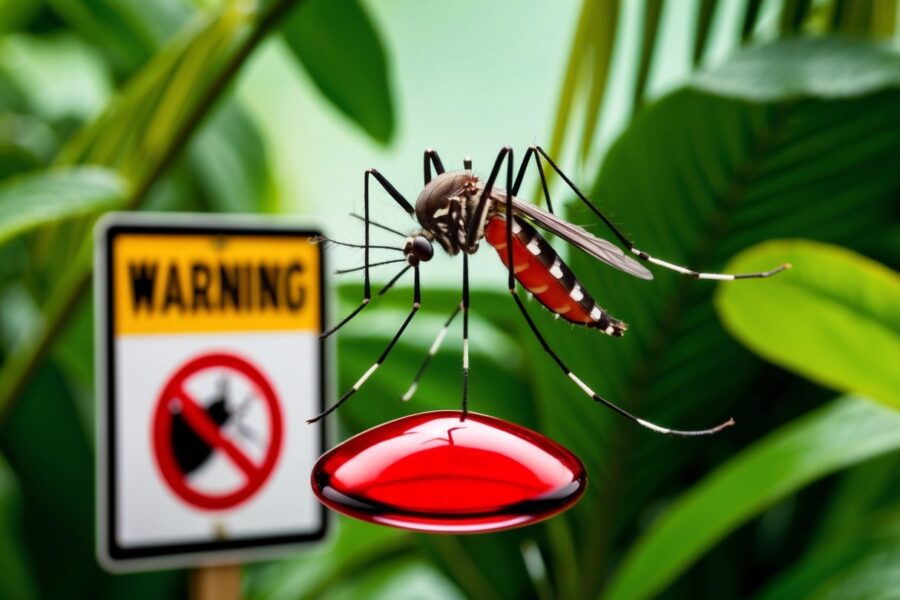 Um mosquito paira sobre uma gota vermelha, cercada por folhagem tropical e um sinal de aviso.