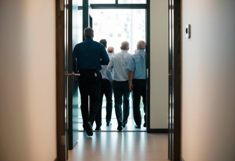 Várias figuras entrando ou prestes a entrar por uma porta