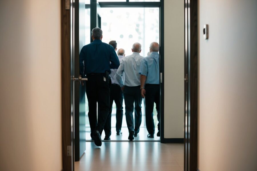Várias figuras entrando ou prestes a entrar por uma porta